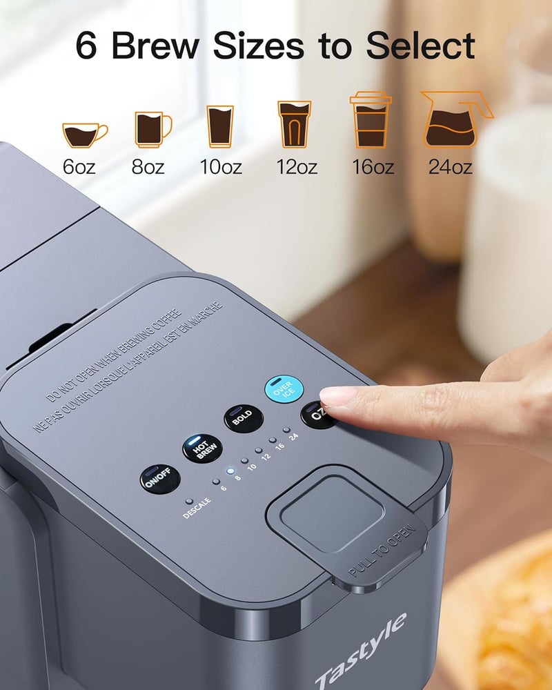 Tastyle Single Serve Hot & Iced Coffee Maker with Strong Brew, 40oz Removable Reservoir, 6 Brew Sizes, Compatible with K Cup and Grounds, Compact for Home, Office, RV and Dorm, Gray (2.0 Version) - Image 4